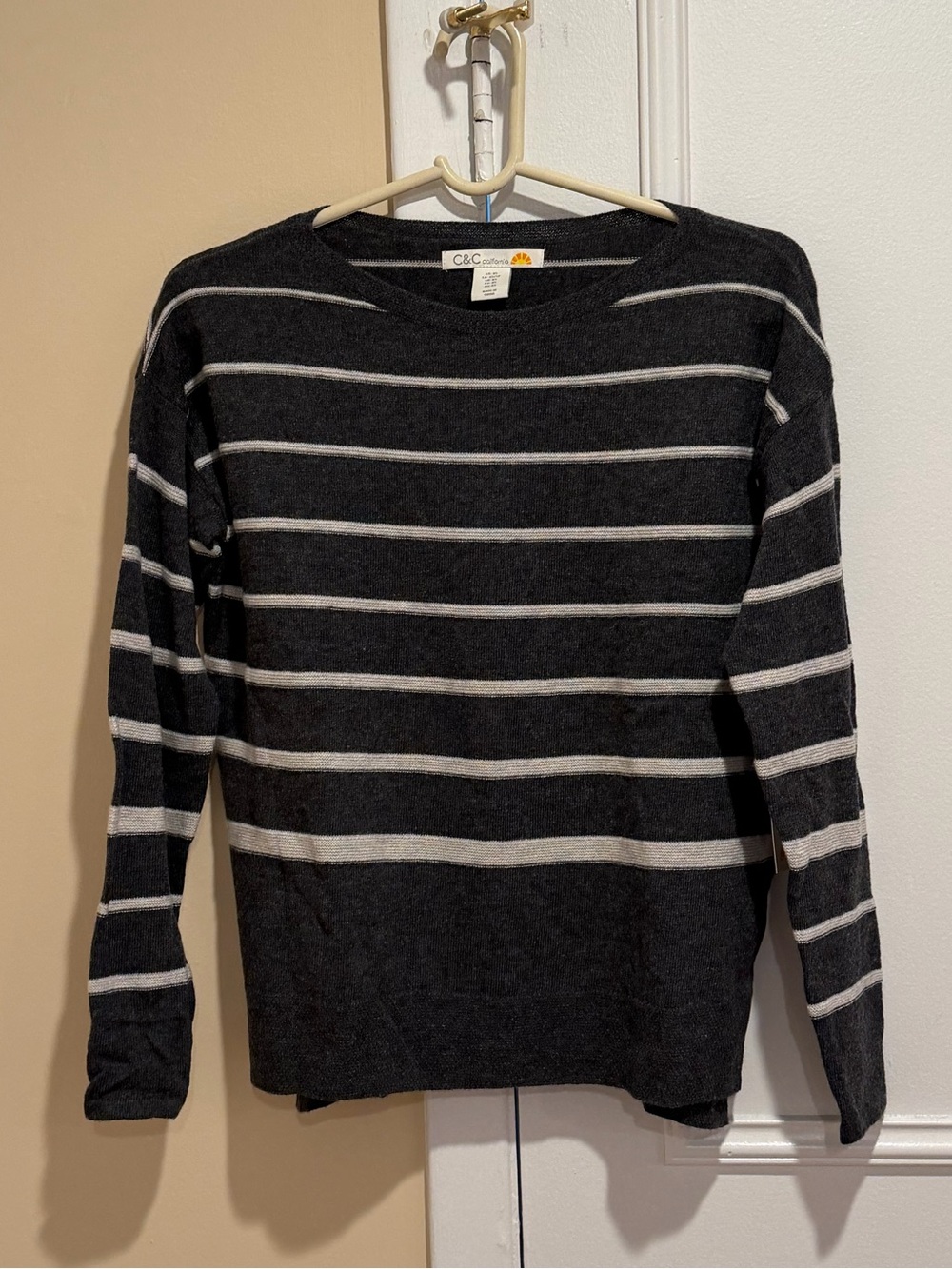C&C California Black Crewneck Sweater with White Stripes